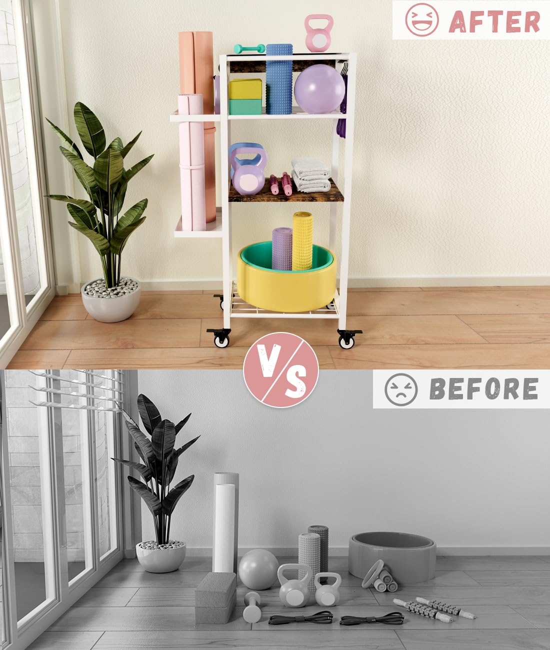 Ardier Yoga Mat Storage Rack with Wheels, 3 Tier Home Gym Workout Equipment Organizer for Dumbbells, Kettlebells, Foam Rollers