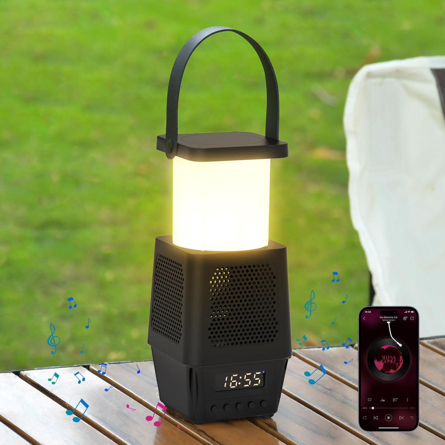 3 in 1 Cordless Camping Lamp,3CCT 7 Dimmable Rechargable Small Lantern with Wireless Bluetooth Speaker,Battery Operated Portable Alarm Clock Lamp