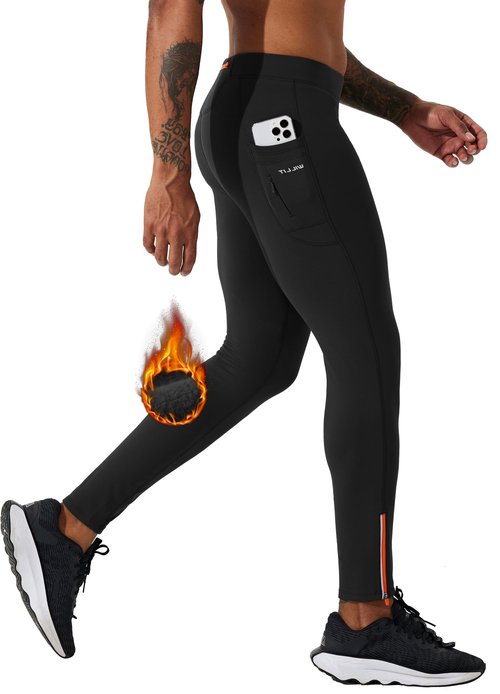 Willit Men's Fleece Running Leggings Cold Weather Gear Winter Cycling Tights Pants Water Resistant Zipper Pockets Black M