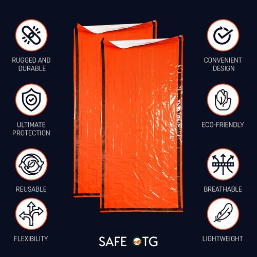SAFE OTG Emergency Rain Poncho & Sleeping Bag Set of 2 Orange Thermal Mylar Space Blanket Sack Survival Kit for Car Activities Hiking Camping Gear Equipment