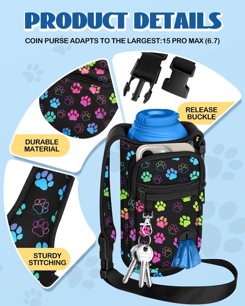 Toykee Portable Dog Water Bottle Carrier Bag for PupFlask 27oz - Travel Bottle Purse Sling with Phone Pocket Strap, Cute Colors Paw Black Pet Bottle Holder Cover for Easy Walking Hiking