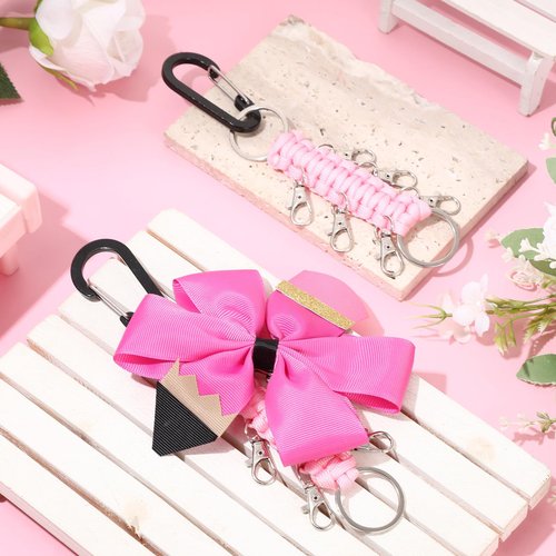 Berlune 10 Pcs Cheer Bow Holder for Backpack Paracord Keychain Cheer Bow Keychain for High School Cheerleading Teen Girls (Pink)