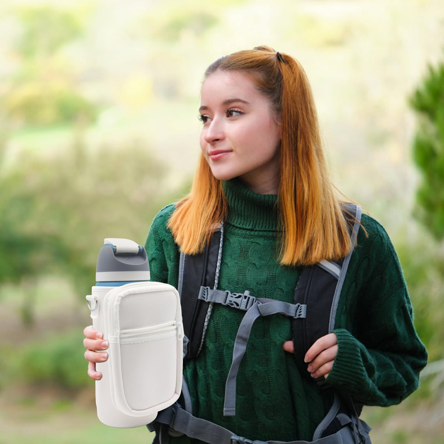 for Owala FreeSip Insulated Stainless Steel Water Bottle Cup Holder Cover Carrier Sling Bag with Strap, Pouch Pocket for Phone/Accessories, add Handle for Owala 24oz (White-24oz)