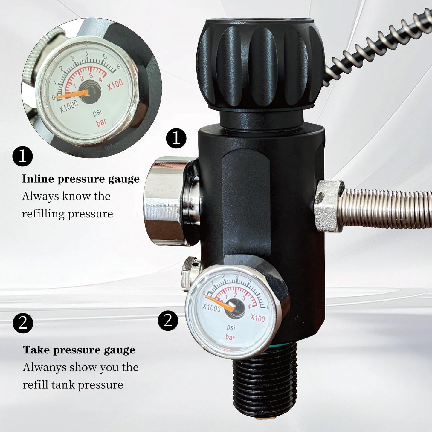 5/8-18UNF Thread 4500psi Black Paintball Fill Stations Adapter Valve Charging Valve PCP Air-Gun Tank Charging Valve Dual Gauge Valve (Non Regulated) with 20 Inches High Pressure Hose
