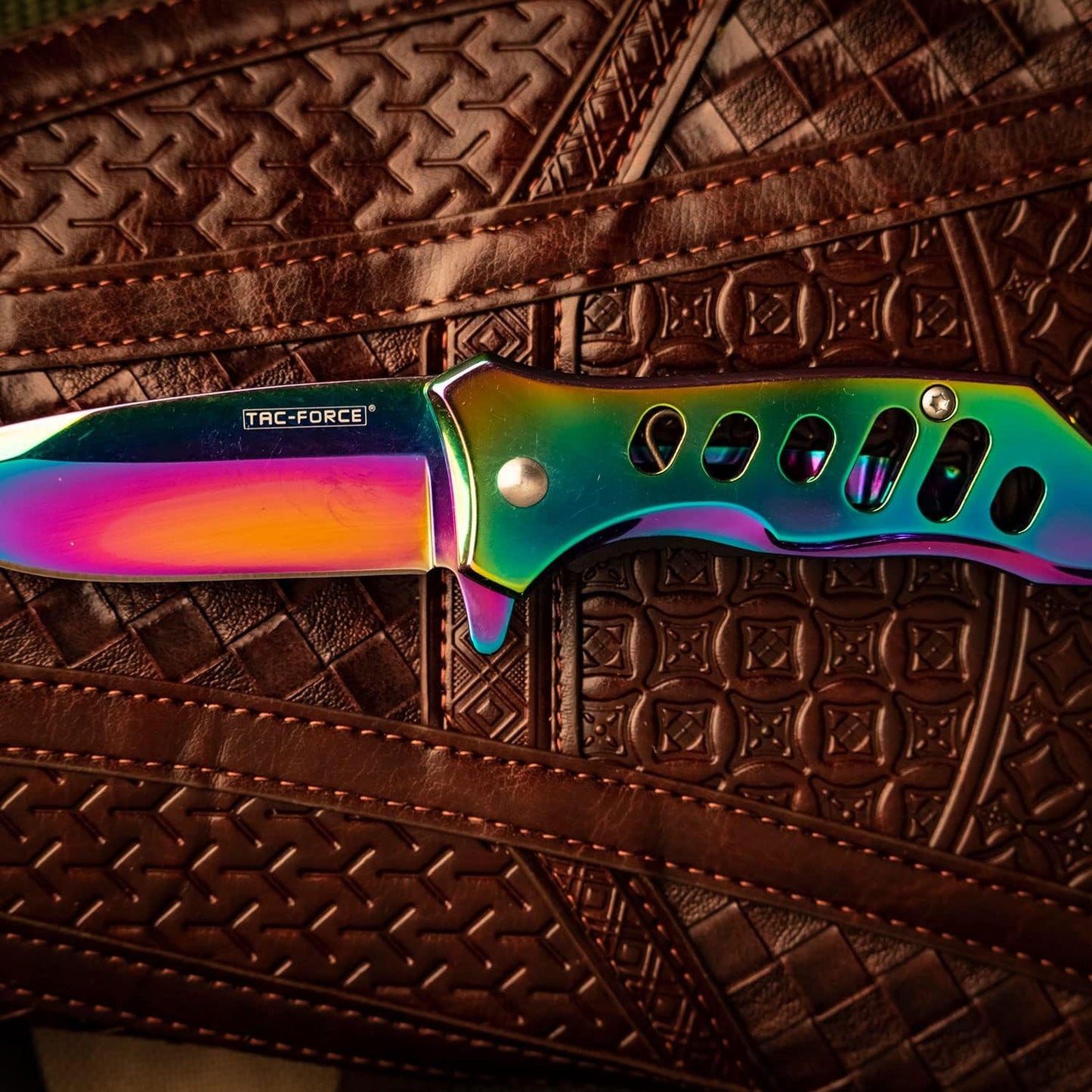 Tac-Force- Folding Pocket Knife – Rainbow TiNite Coated Stainless Steel Blade and Handle, Glass Punch and Pocket Clip, Tactical, EDC, Rescue - TF-844