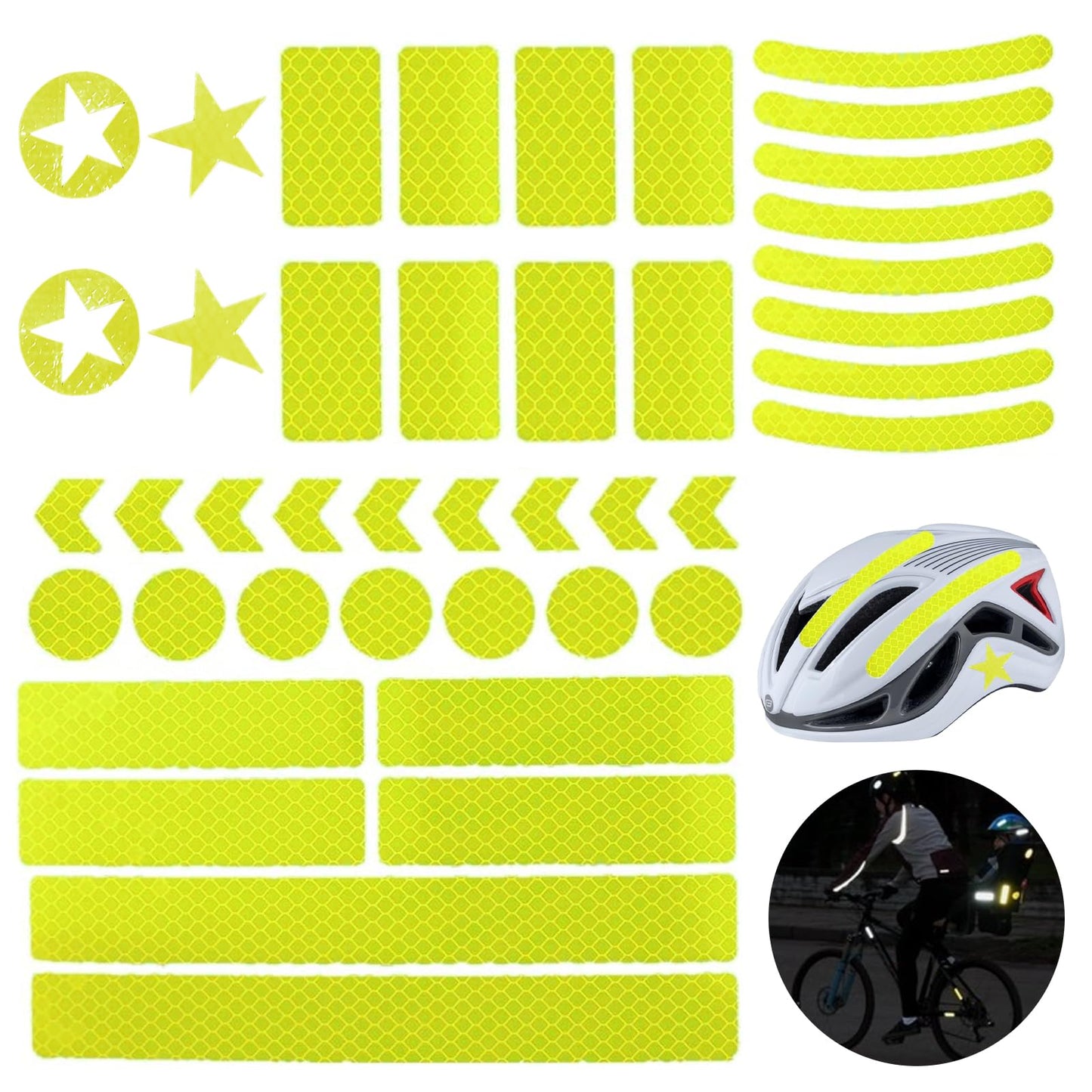 42Pcs Reflective Stickers, Reflective Helmet Bicycle Sticker, Driveway Reflectors, BikeReflective Tape, NightSafety Stickers for Bicycle, Motorcycle, Scooter, 8 Shapes (Fluorescent Yellow-Green)