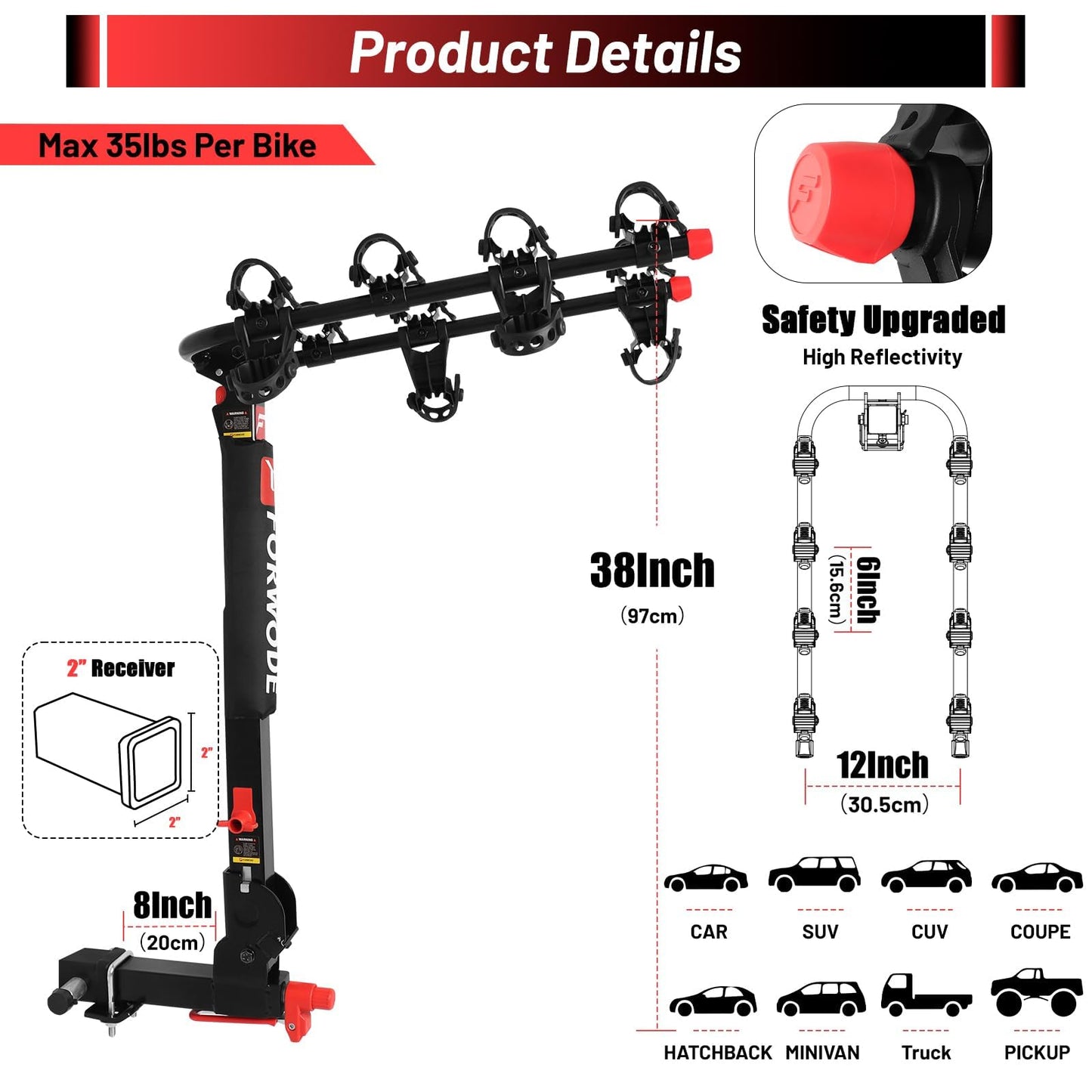Forwode 4 Bike Hitch Mount Rack, Tiltable Foldable Bicycle Carrier Wobble Free Locking Hitch Quick Release 2-Inch Receiver Black (C-Upgraded versin, 4Bike)