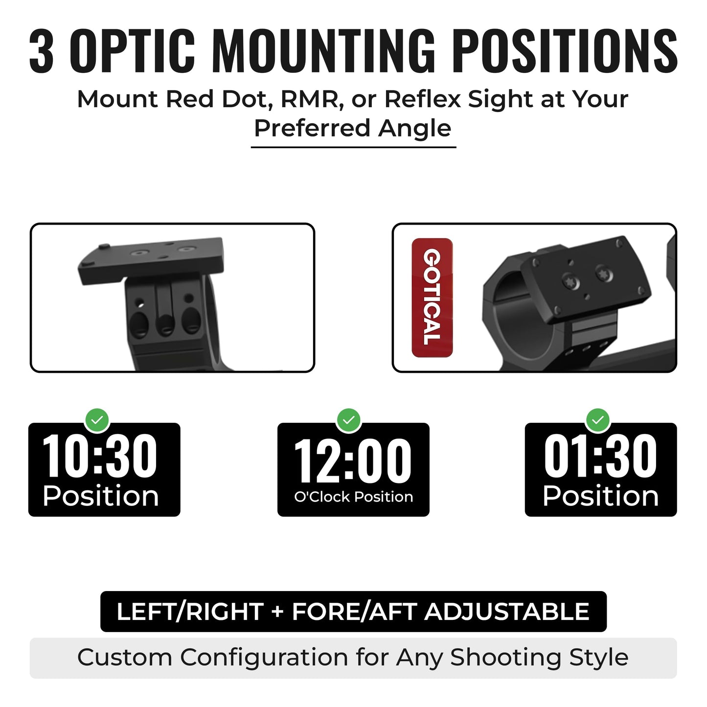 Gotical Tactical 34mm Tube 20MOA One Piece Ring Mount w/10:30, 12 o'clock, 1:30 Top Optic RMR Mount Plate, 1.57" Central Height, for 20mm Picatinny Rail