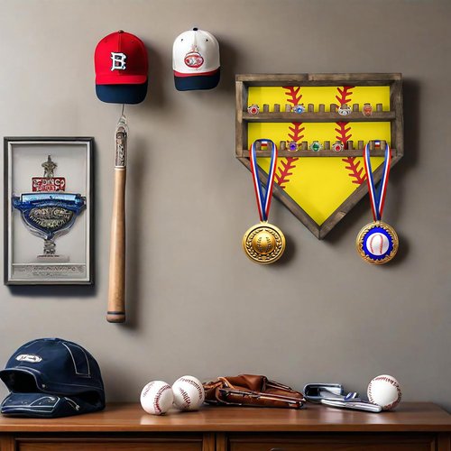 Baseball Softball Basketball Ring Holder - 24 Ring Post Wooden Display Case for Sports Medals - Wall Mount (Yellow)