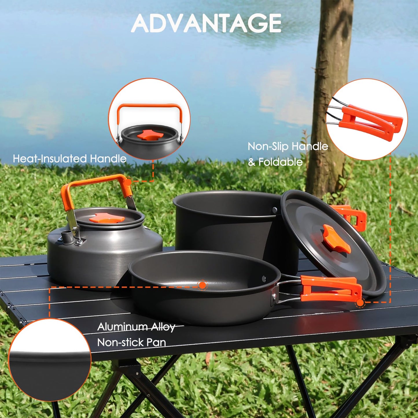 JUSFANE 20Pcs Camping Cookware Mess Kit, Non-Stick Lightweight Camping Pots and Pans with 1.1L Kettle, 2 Set Stainless Steel Cups Plates Forks Knives Spoons for Backpacking, Hiking, Outdoor Cooking