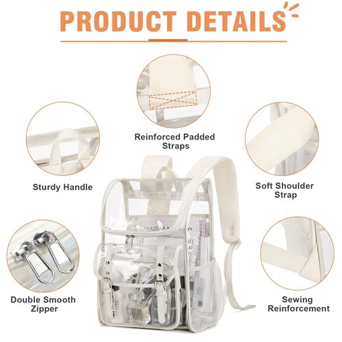 DIGOBAY Clear Backpack with Lunch Bag Set, Leather Clear Backpack Heavy Duty Thick PVC Bookbag Fashion See Through Transparent Backpacks with Support Pad for College Travel Work Beige