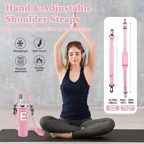 Personalized Initial A-Z Water Bottle Holder Bag for Stanley 40oz Tumbler, Initial Water Bottle Carrier Bag with Strap, 2 Straw Cover Cap &2 Letter Chains for Stanley Cup Accessories(Pink-White E)