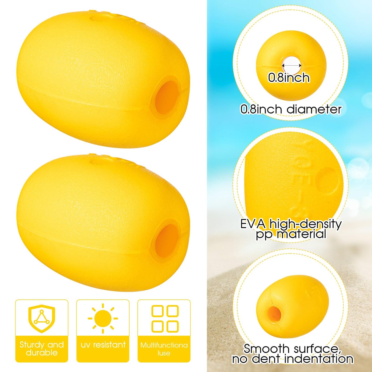 Poen 6 Pcs Buoys Float Rope Floats Marine, 4" x 3", 4/5" Hole Deep Water Fishing Marker Buoys Anchor for Boat Swimming Pool Kayak Trail Dock Crabbing Skiing Marine, Yellow