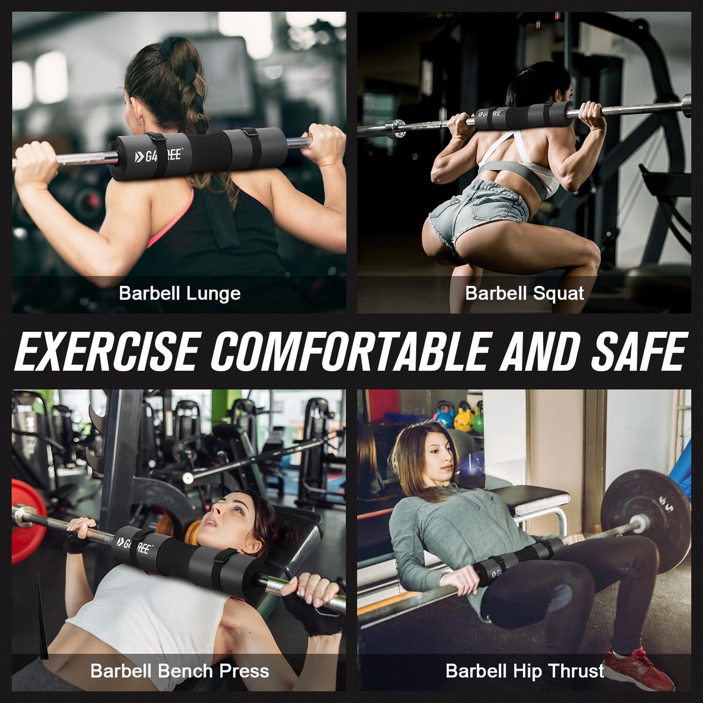 G4Free 7pcs Barbell Pad Set for Squat, Hip Thrusts, Lunges Standard Olympic Bars with 2 Gym Ankle Safety Straps, 3 Hip Resistance Bands, Barbell Pad and Carry Bag(Black)