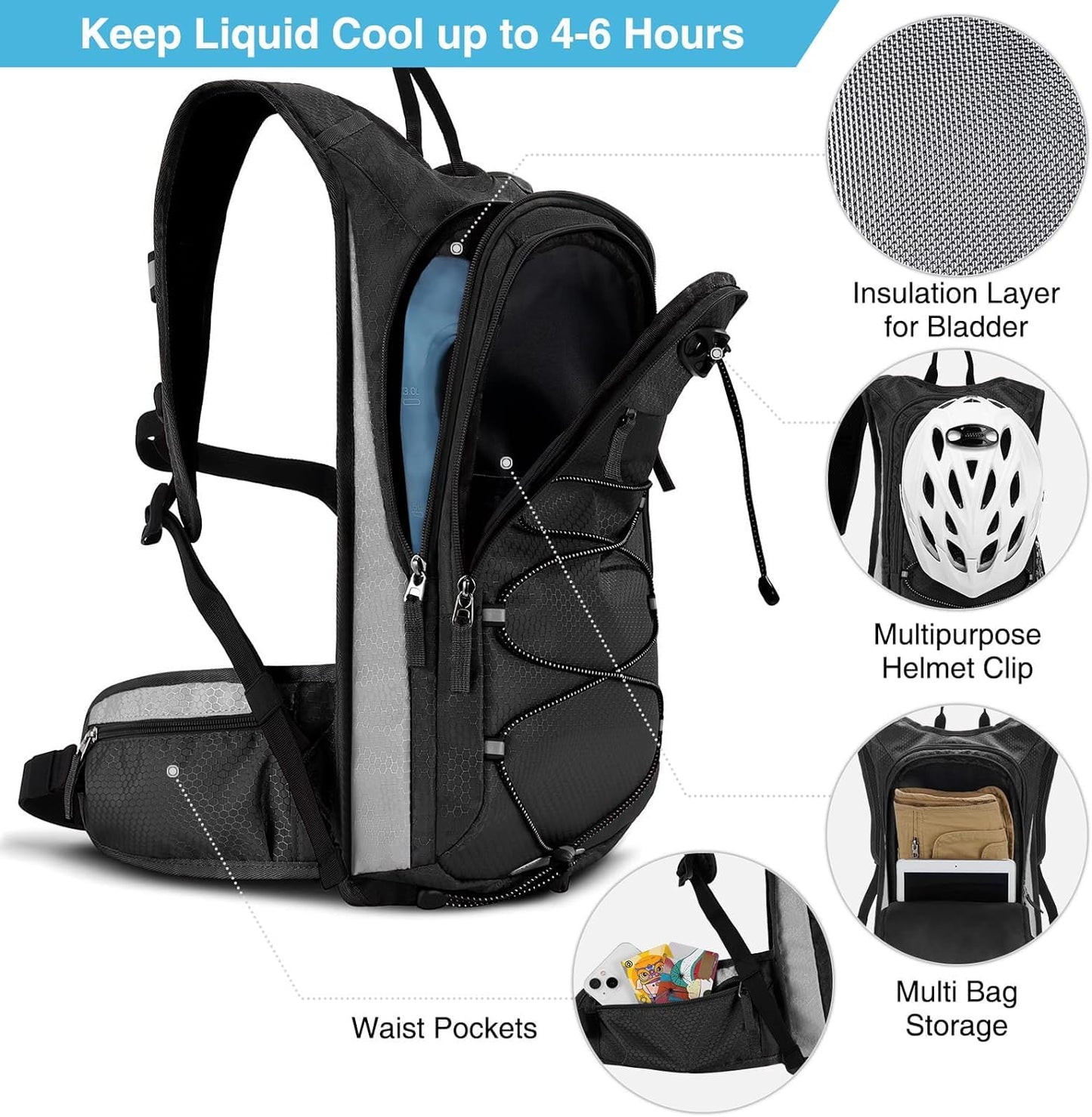 NOOLA Insulated 3L Hydration Backpack for Hiking 15L Lightweight Running Water Backpack Hydration Pack for Men Women Hydro Daypack Bag with TPU Water Bladder for Biking Climbing Cycling,Black