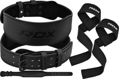 RDX Weight Lifting Belt Gym Fitness, Cowhide Leather, 4” 6” Padded Lumbar Back Support, 10 Adjustable Holes with Weight Lifting Straps, 5MM Neoprene Padded 60CM Hand Bar Support Wrist Straps