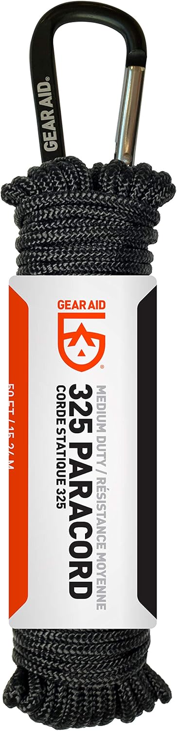 GEAR AID 325 Paracord and Carabiner, Utility Cord for Camping and Hiking, Black, 50 ft