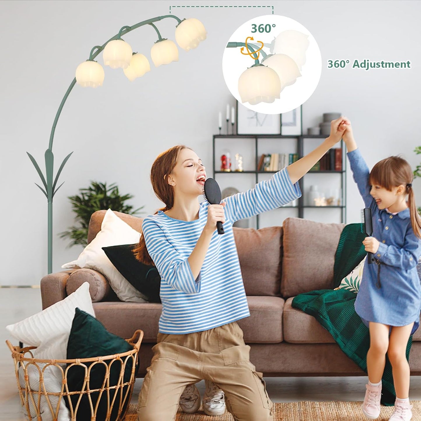 HMVPL Arc Floor Lamp for Living Room, Flower Floor Lamp with 5 G9 LED Bulbs, Foot Switch, Green Floral Standing Lamp with Acrylic Shade, Curved Tall Lamp for Living Room Bedroom Corner Kids Reading