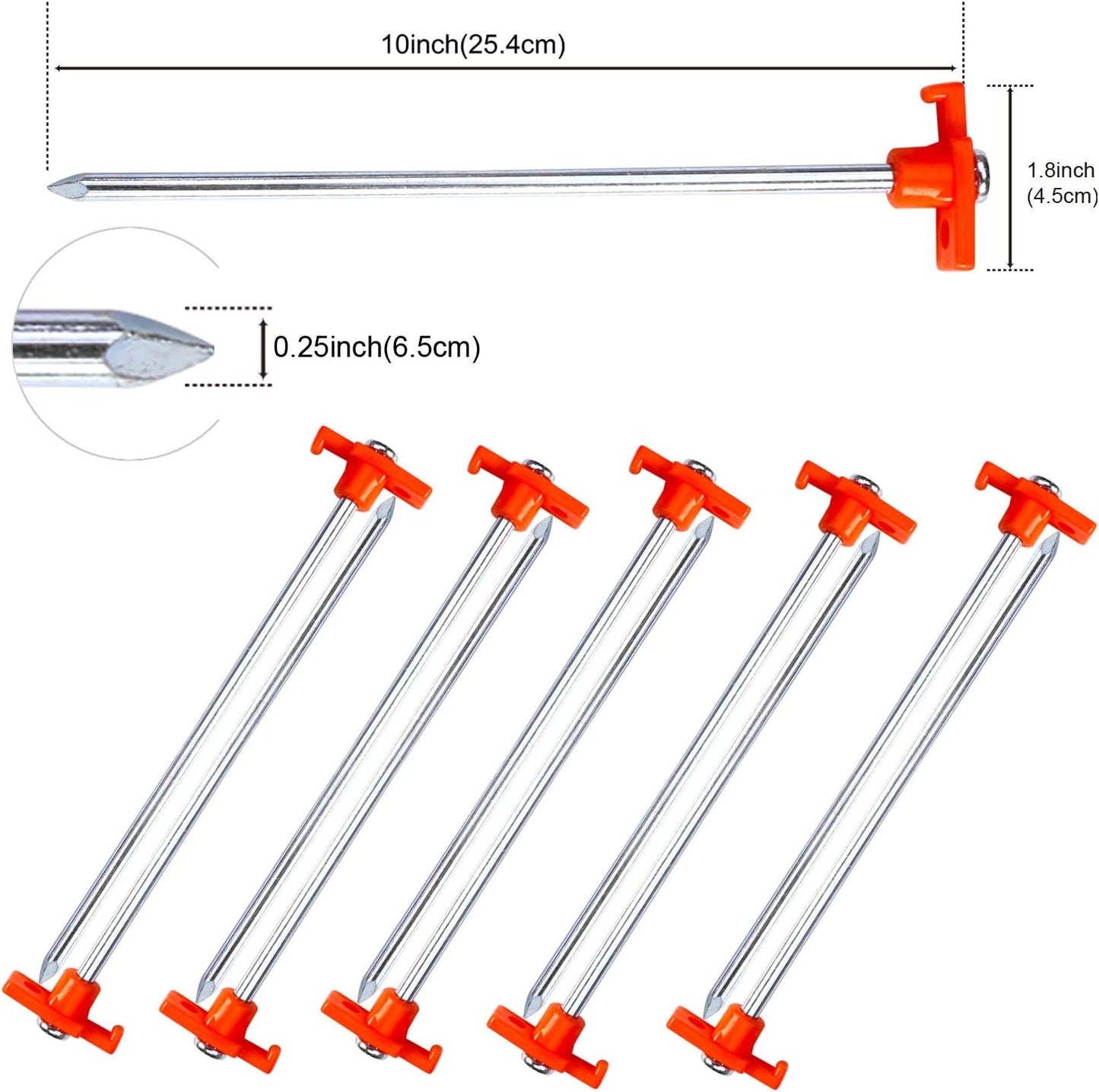 ABCCANOPY 11 Inch Tent Stakes 10 Pcs Non-Rust Metal Ground Anchors, Heavy Duty Spikes with 4 Ropes for Outdoor Camping, Orange