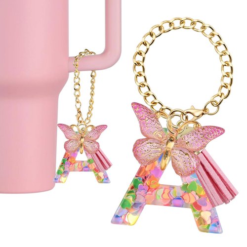 BALLMENT Letter Charm Keychain for Stanley Cup Accessories, Pink Custom Initial A Keychain for Stanley Tumbler 20oz/30oz/40oz, Cute Monogram Bag Charm Gift for Women Girls