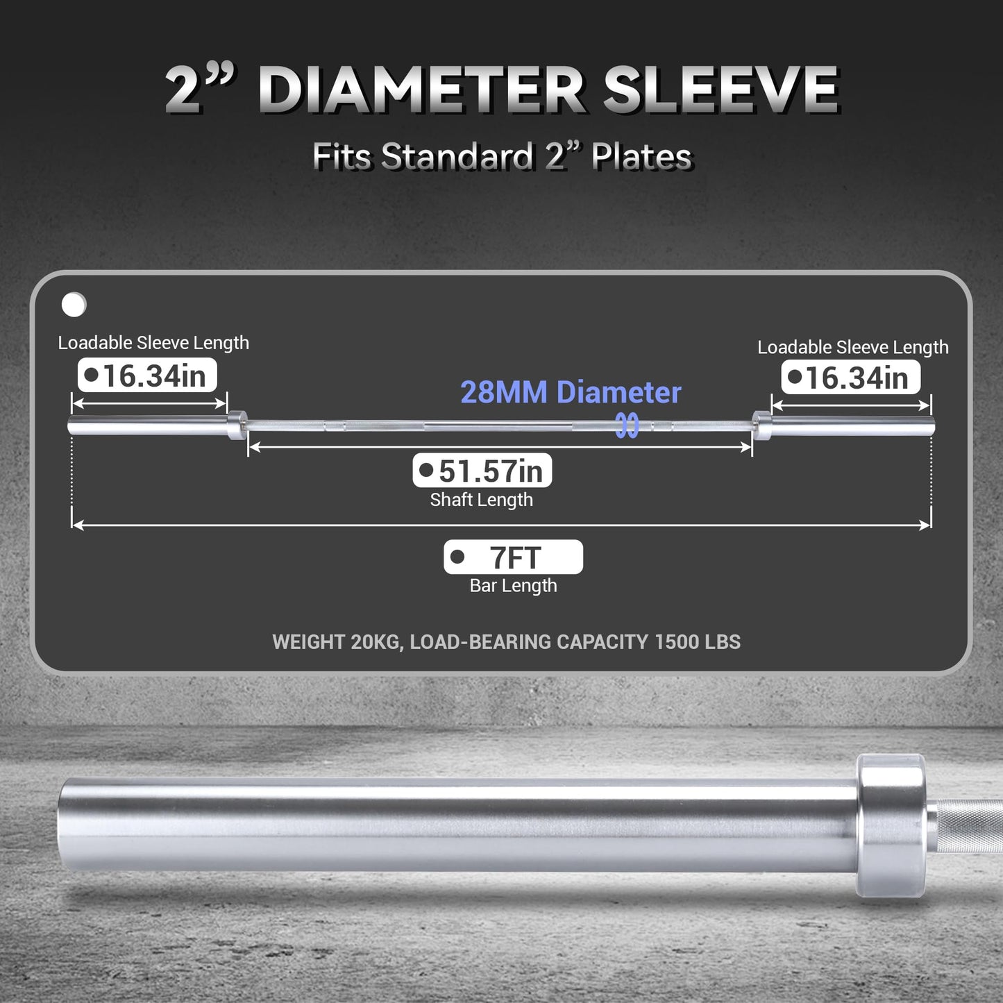 7FT Olympic Barbell, 1500lbs Capacity Weight Bar For Weightlifting and Powerlifting 45lb, Weight Bar Fit 2” Standard Weights