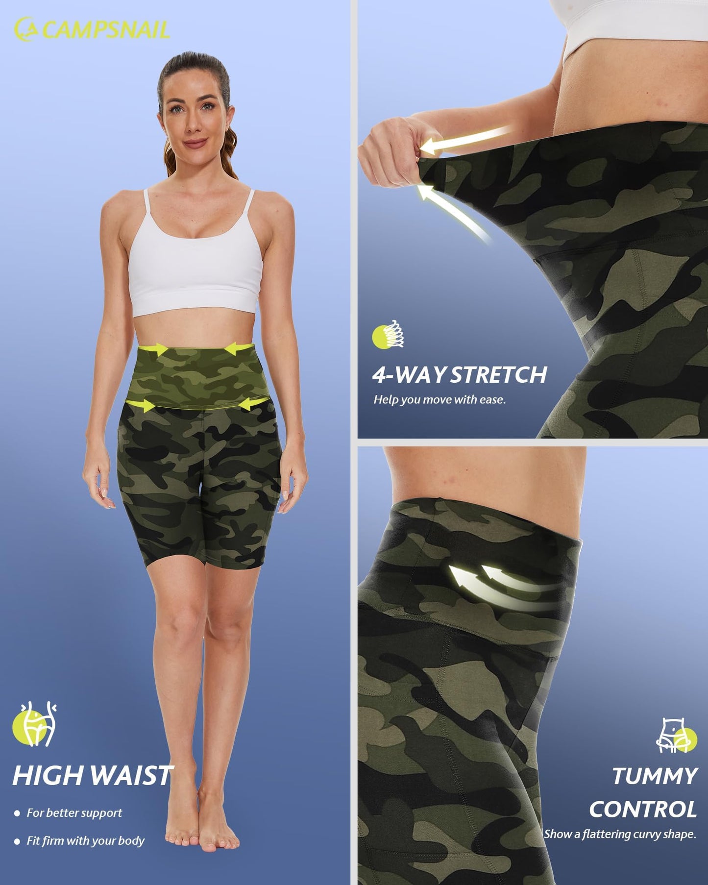 CAMPSNAIL Biker Shorts Women with Pockets - 3"/5"/8" High Waisted Workout Spandex Tummy Control Gym Running Yoga Shorts Green Camo