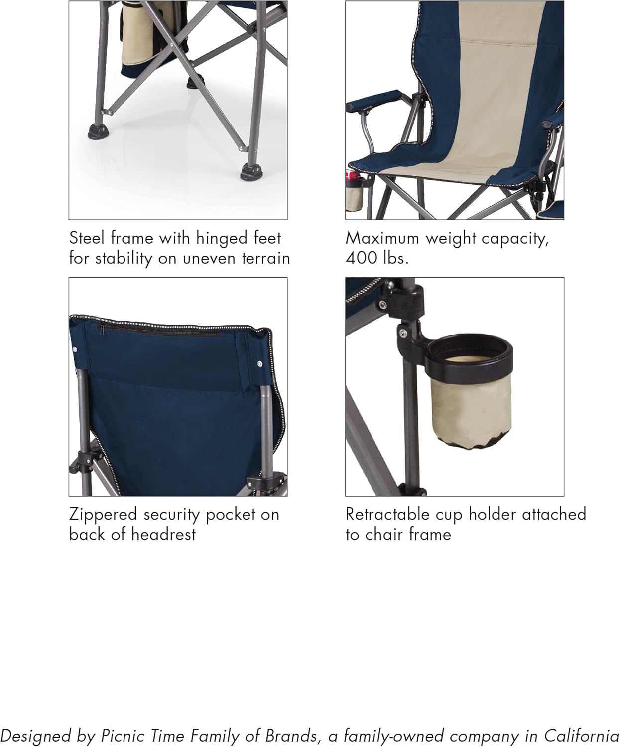 PICNIC TIME Outlander XL Heavy Duty Folding Camping Chair with Insulated Cooler, Oversized Portable Lawn, Beach & Camp Chair with Cup Holder, Storage Pocket, Carry Bag, 400 lb Capacity (Black)
