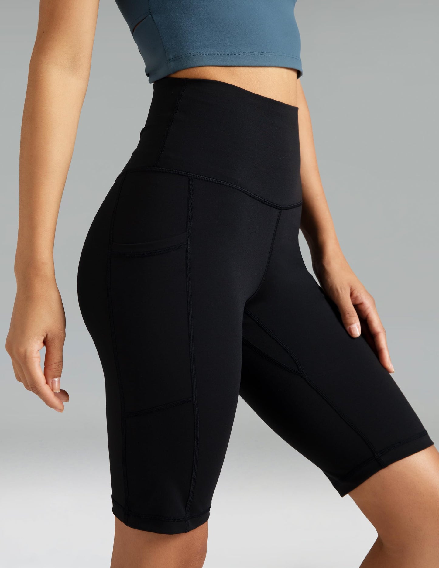 Colorfulkoala Women's High Waisted Biker Shorts with Pockets - 10" Inseam Workout Yoga Shorts Running Tights (L, Black)