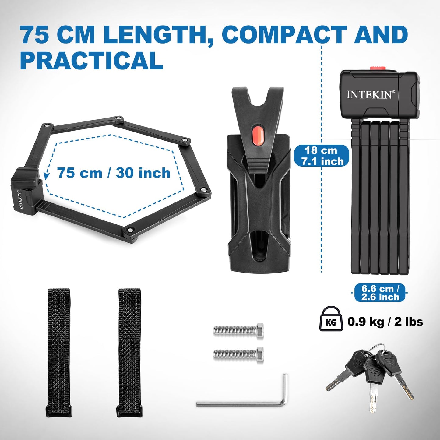 INTEKIN Compact Folding Bike Lock, Heavy Duty Bicycle Lock with 3 Keys and Mount, Lightweight Foldable Chain Locks for E-Bike, Motorcycles, Scooters - 75cm (30 in)