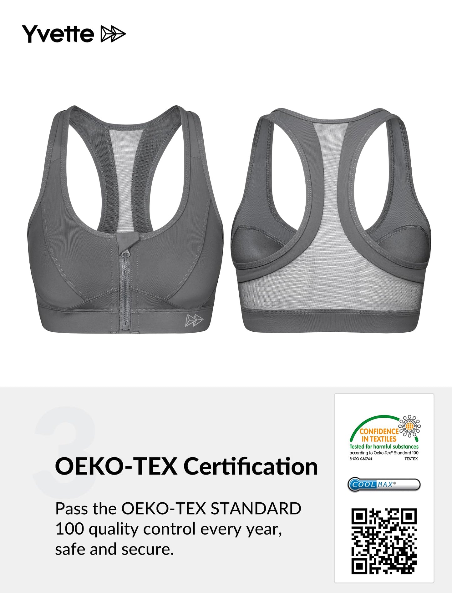 Yvette Zip Front Sports Bra - High Impact Sports Bras for Women Plus Size Workout Fitness Running,Grey,S