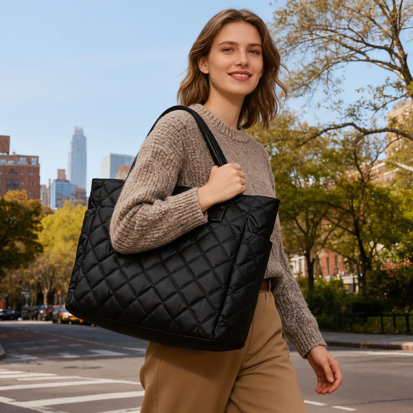 TRIOBASE Tote Bag for Women,Lightweight Quilted Handbag with Compartments,Puffer Shoulder Tote Bag with Zipper for Work,Travel,Gym