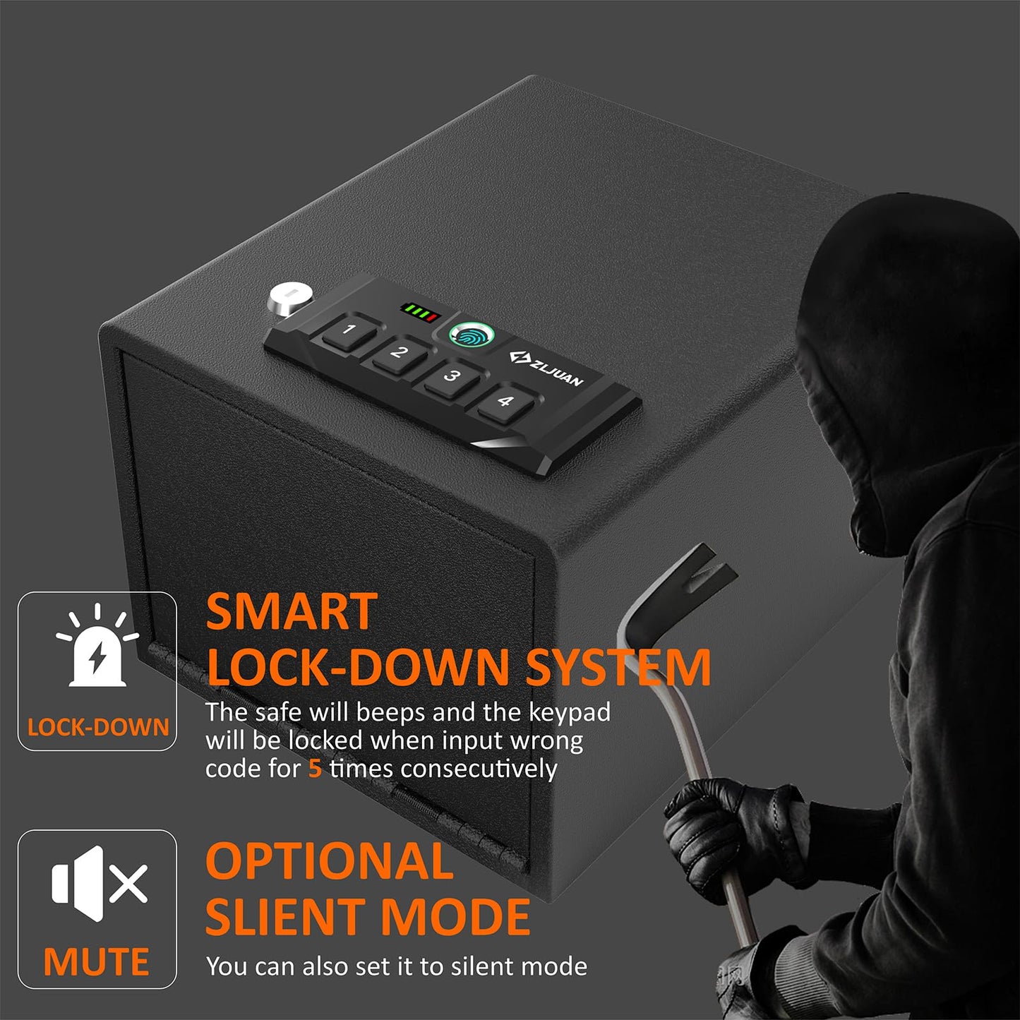 Z ZLJUAN Gun Safes for Pistols,Quick-Access Handgun Safe,Safety Device with Biometric&Digital Key Pad&Key,High Capacity Pistol Safe for Nightstand&Car&Home&Office (Black-with Backup Power Cable)