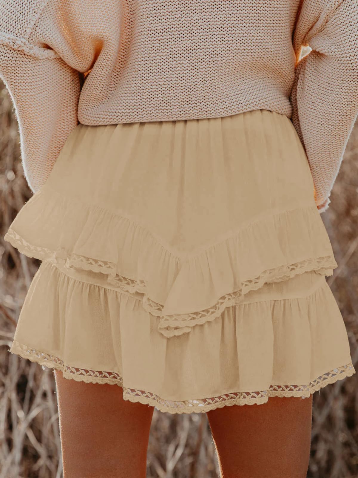 Aoudery Flowy Shorts for Women Casual Boho Ruffle Tiered Skorts High Waist Mini Skirts Golf Tennis Butterfly Crochet Shorts - Light Khaki XS