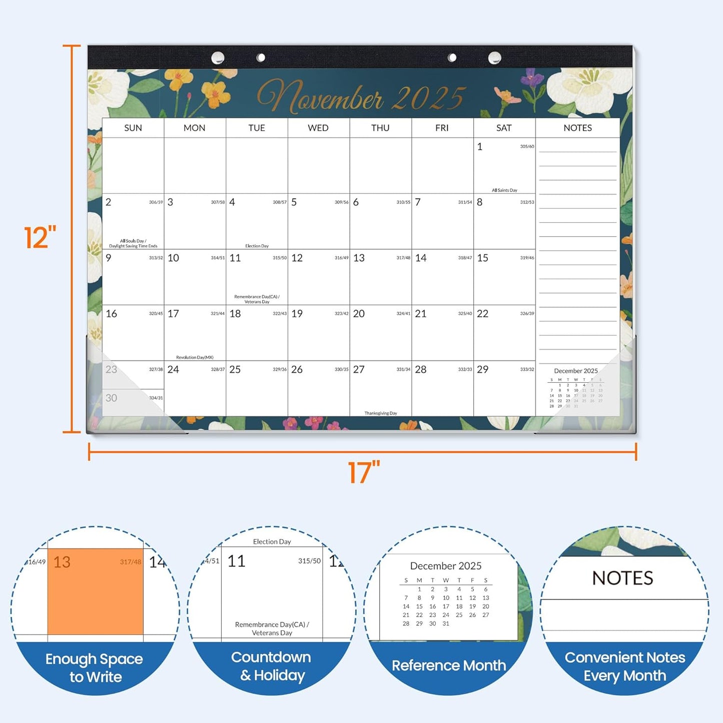 SUNEE Desk Calendar 2025-2026 17x12, 18 Months, JUL. 2025 - DEC. 2026, Academic Desk Blotter Calendar 2025-2026, School Year Large Calendar for Teacher, Black