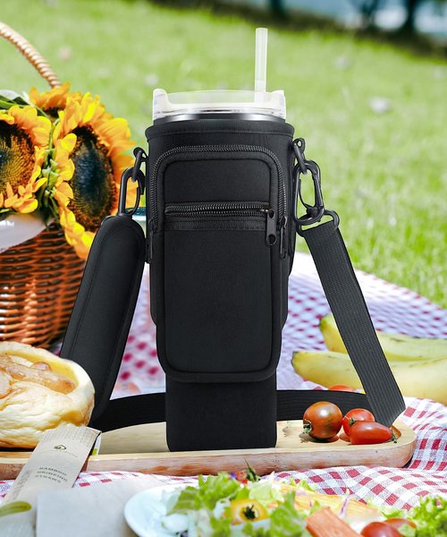 Water Bottle Carrying Bag with Pocket for Stanley & Simple Modern 40oz Tumbler with Handle, Water Bottle Holder with Pouch, Adjustable Strap Carabiner for Stanley Cup Accessories for Travel Walk Camp