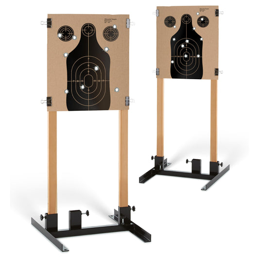(2 Pack) Steel Target Stand Base for Paper Silhouette Shooting Targets, 8” - 24” Adjustable Width, USPSA/IPSC - IDPA Practice, Includes 2 Cardboard Targets for Shooting
