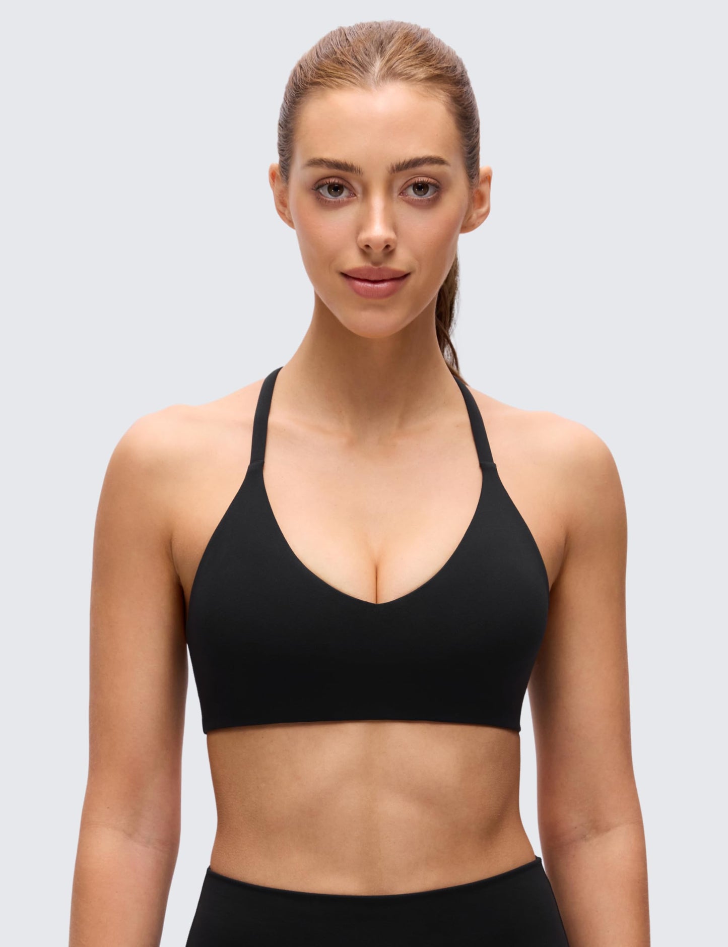 CRZ YOGA Butterluxe Low Coverage V Neck Sports Bras for Women - Spaghetti Straps Racerback Padded Yoga Top Black Medium