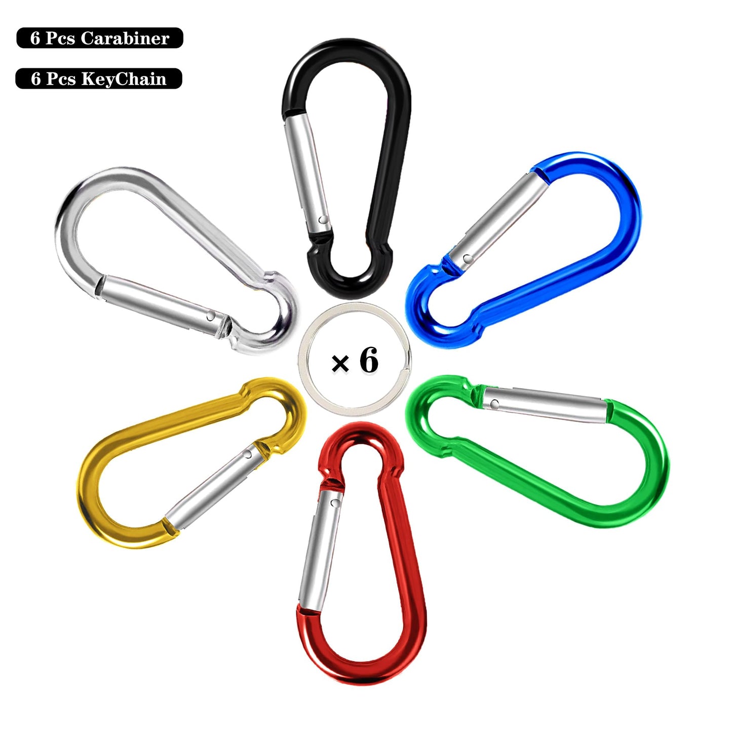 6Pcs Carabiner Clip, 3" Caribeaner Large Aluminum Heavy Duty Carabeaner Clips, Spring Snap Hooks for Keychain Clip with 6 Pcs Keyring for Outdoors, Camping, Hiking, Fishing, Home Gym -Assorted