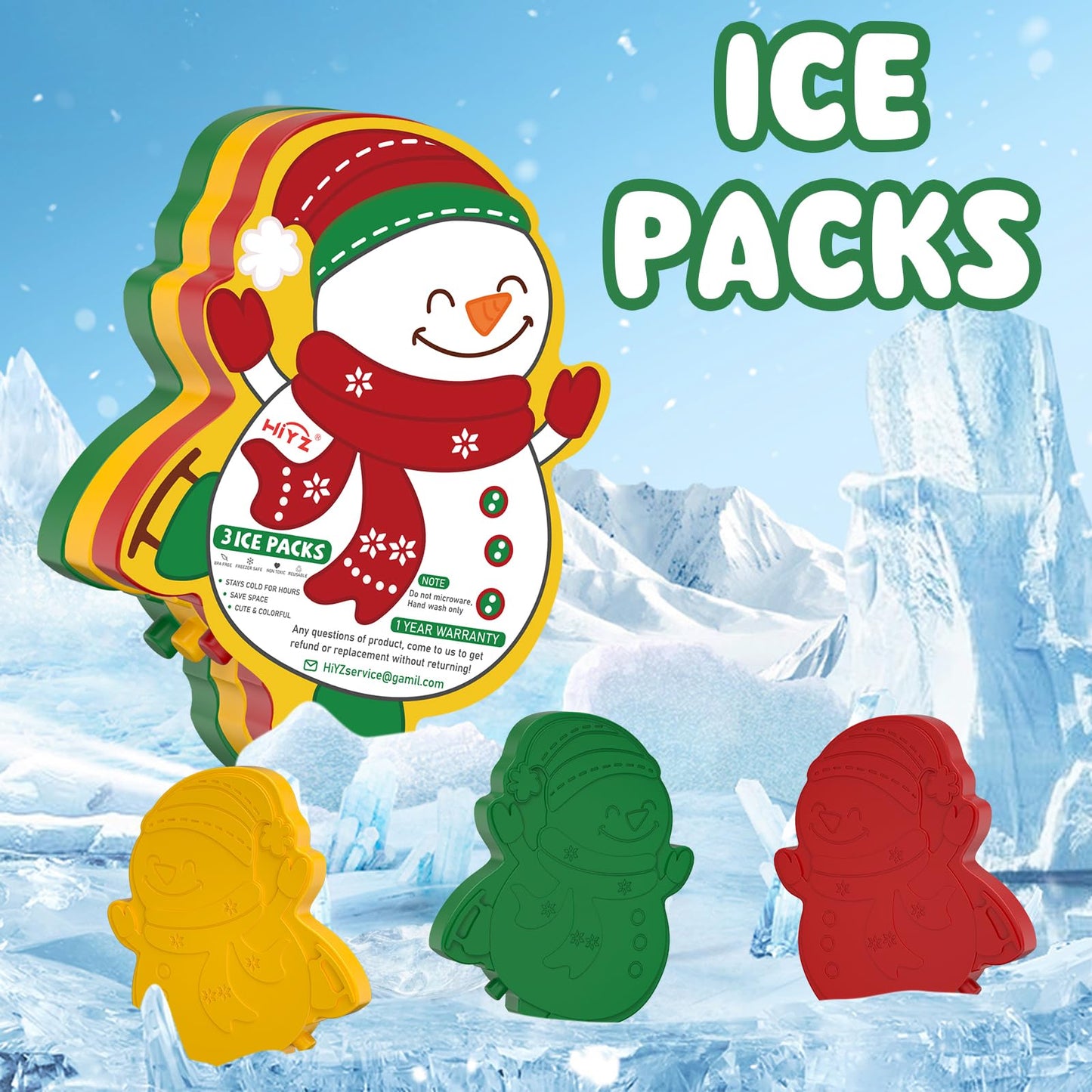 HiYZ Kids Ice Packs, Long-Lasting Ice Packs for Lunch Boxes, Slim & Reusable Icepacks Cooler Ideal for School, Parties, Travel, Multicolored (Snowman-3 Pack)