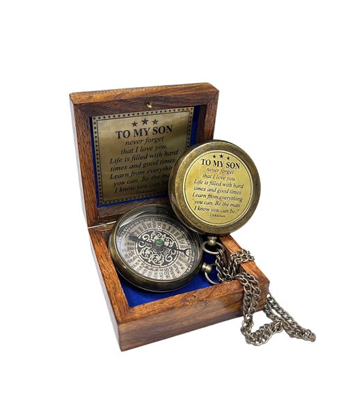 Handmade Brass Engraved Compass on Chain with Wooden Box, Vintage Style Nautical Compass with Intricate Engraving, 2.25 Inches in Diameter
