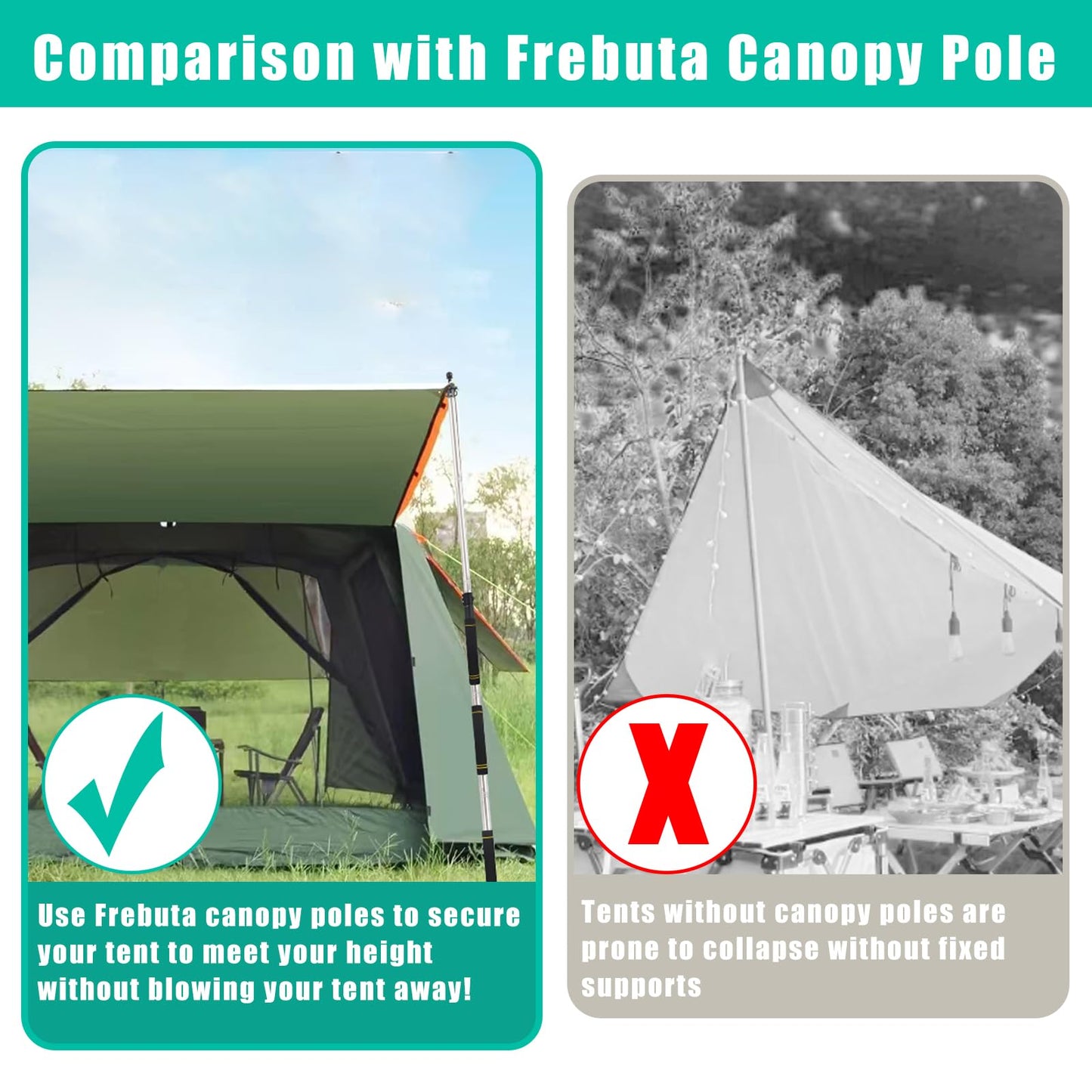 Frebuta Tarp Poles,Tent Poles Set of 2 2ft to 9.5ft Replacement Canopy Poles Heavy Duty Telescoping Tent Poles for Tarp Outdoor Camping Awning Poles Adjustable Sturdy Durable Shade Cloth Poles