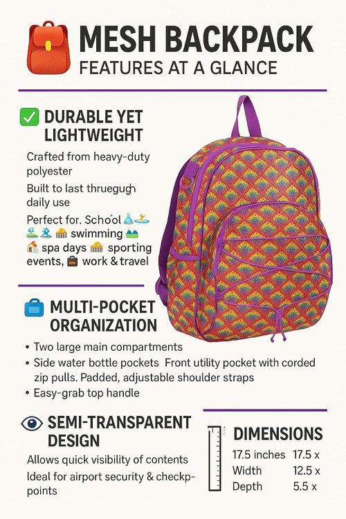 Lightweight Eastsport Mesh Beach Backpack - See-Through Travel Bag for College, Swim & Gym - Black