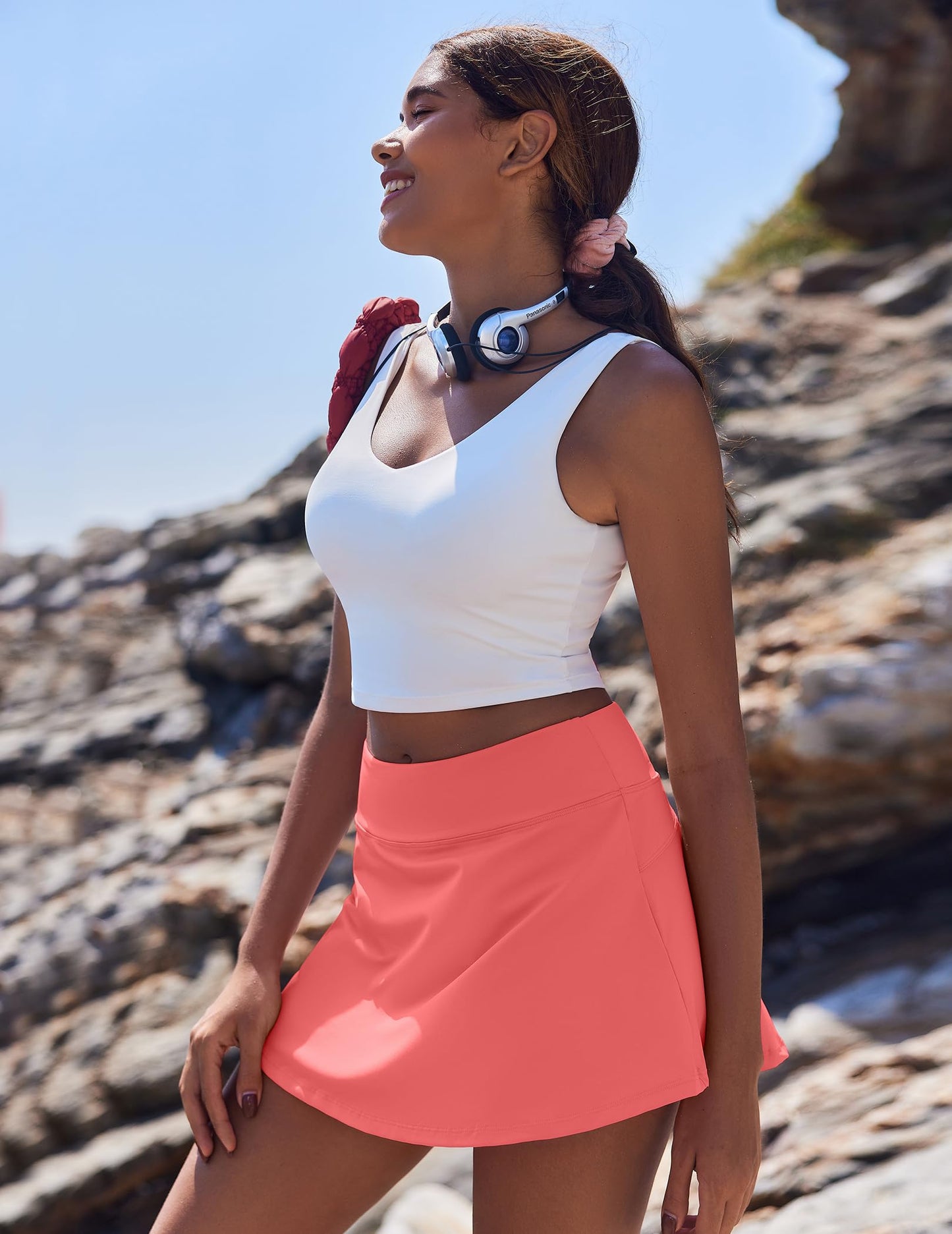PINSPARK Tennis Skirt Pleated Golf Skorts for Women Workout Tummy Control Athletic Skirts with Pockets,Porcelain Rose Large