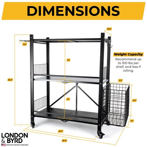 London & Byrd - No Assembly - Home Gym Storage Rack. Steel Construction, Heavy Duty Wheels, with Basket and Hooks. Great for Home Gym Equipment, Yoga mats, Kettlebells, and Small Dumbbell Storage.