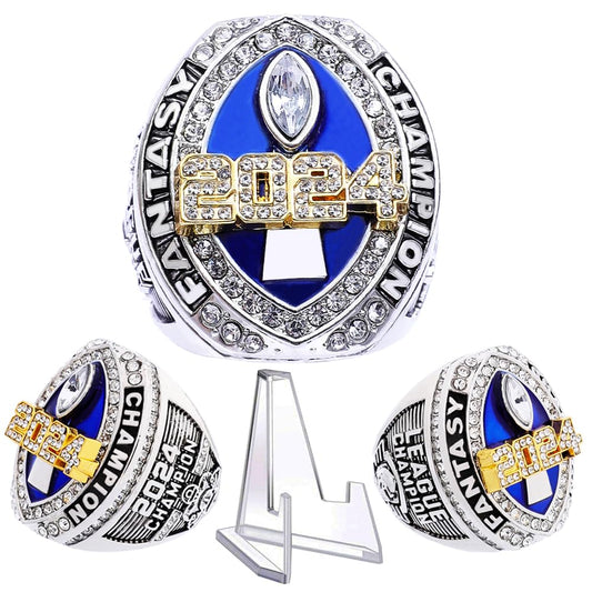 2024 Fantasy Football Championship Ring | Heavy FFL Champion Ring | Gold Silver Tone Plated Award Trophy for Fantasy Football League Winner (Ring and Stand Together, Size 10)