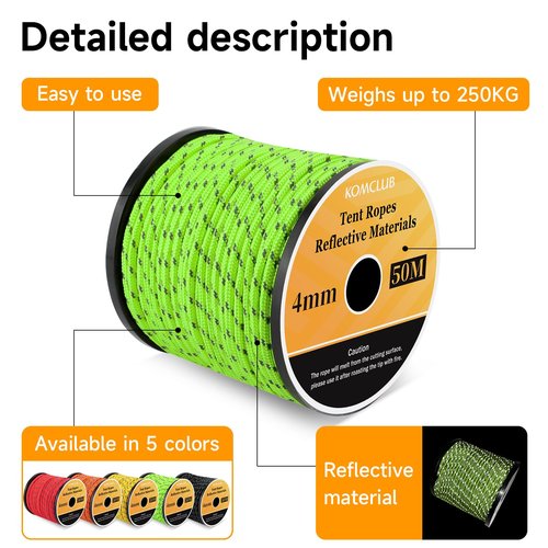 KOMCLUB 50M Reflective Guy line Tent Cords Solid 4mm Lightweight Camping Rope Braid Tent Guide Guy Straps for Tent Tarp Canopy Shelter Camping Hiking Backpacking Water Activities Survival Gear (GREEN)