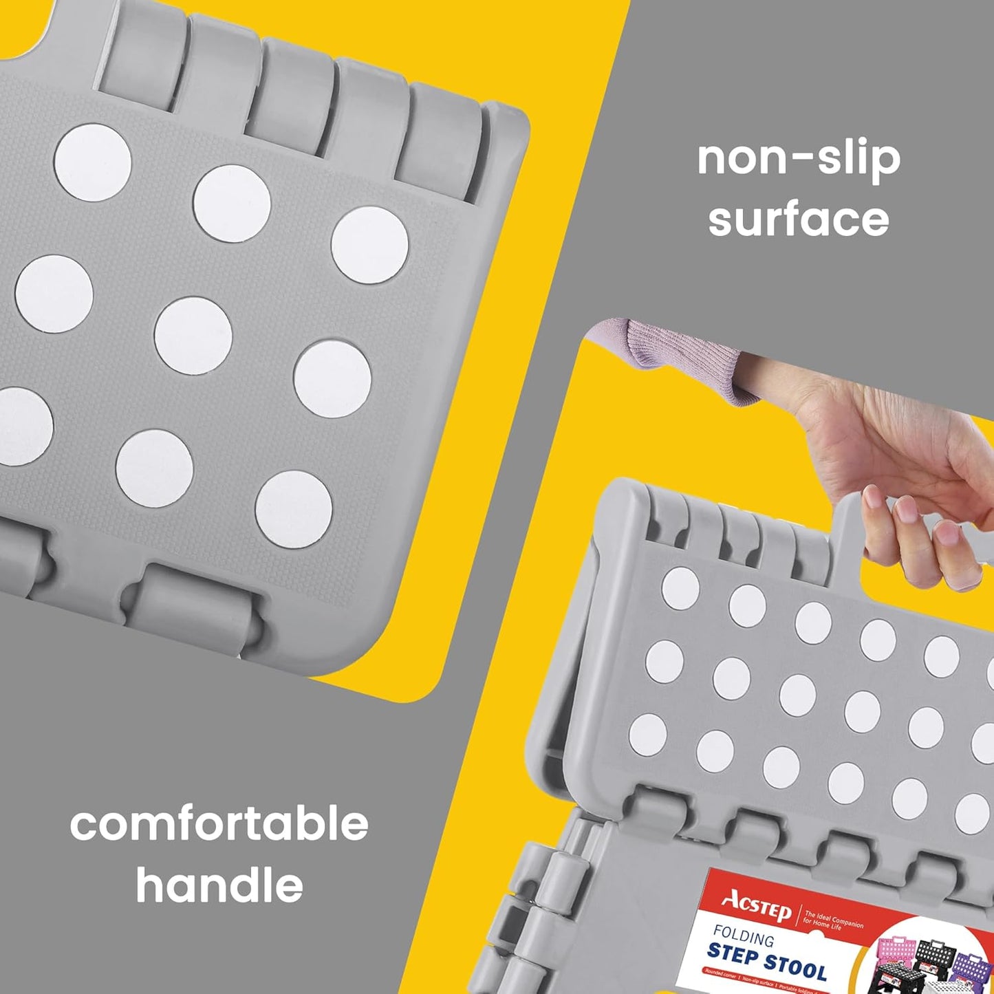 ACSTEP Folding Step Stool Foldable Stool 7.5 Inch Height Kids Step Stool, 300 lb Capacity Plastic Collapsible Stool, Stepping Stool with Handle Black Small Step Stool, Foot Stool Suitable for Kitchen