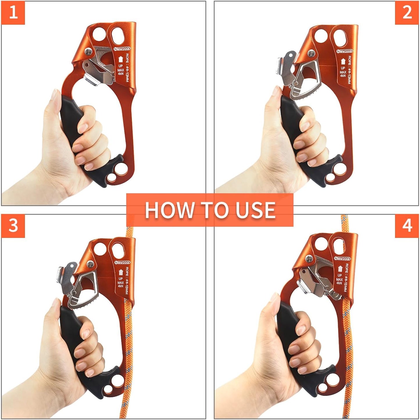 NewDoar UIAA & CE Certified Hand Ascender Rock Climbing Tree Arborist Rappelling Gear Equipment Rope Clamp for 8~13MM Rope