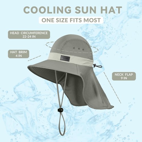 Sukeen Cooling Sun Hat for Men Women UPF50+ Wide Brim Fishing Hat with Neck Flap Adjustable Foldable Bucket Hat for Hiking Grey
