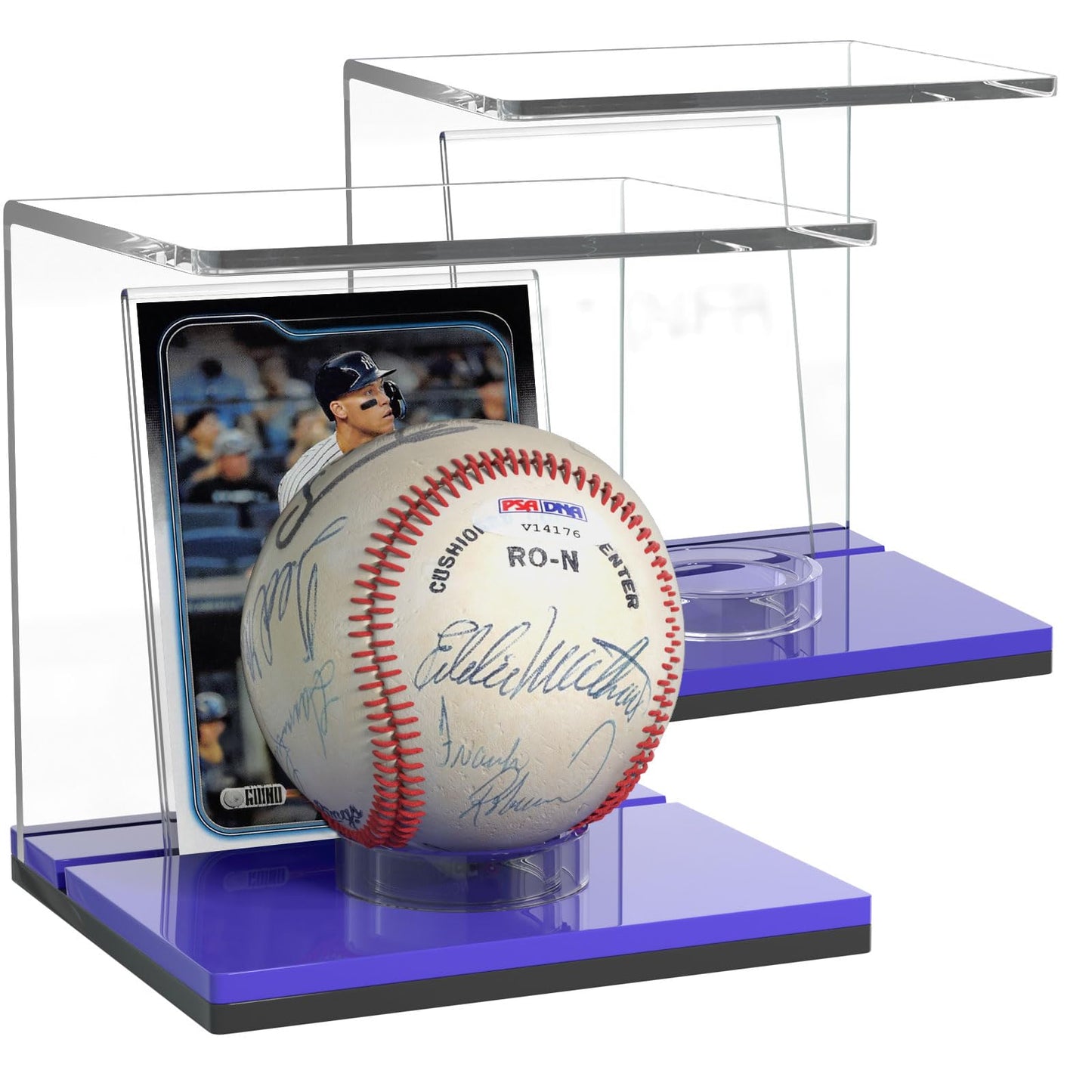 FEMELI Baseball Case Display Holder: 2PCS Acrylic Clear Ball Box with Base/Card Slot-Memorabilia Showcase Autograph Softball Protector Stand (Blue)